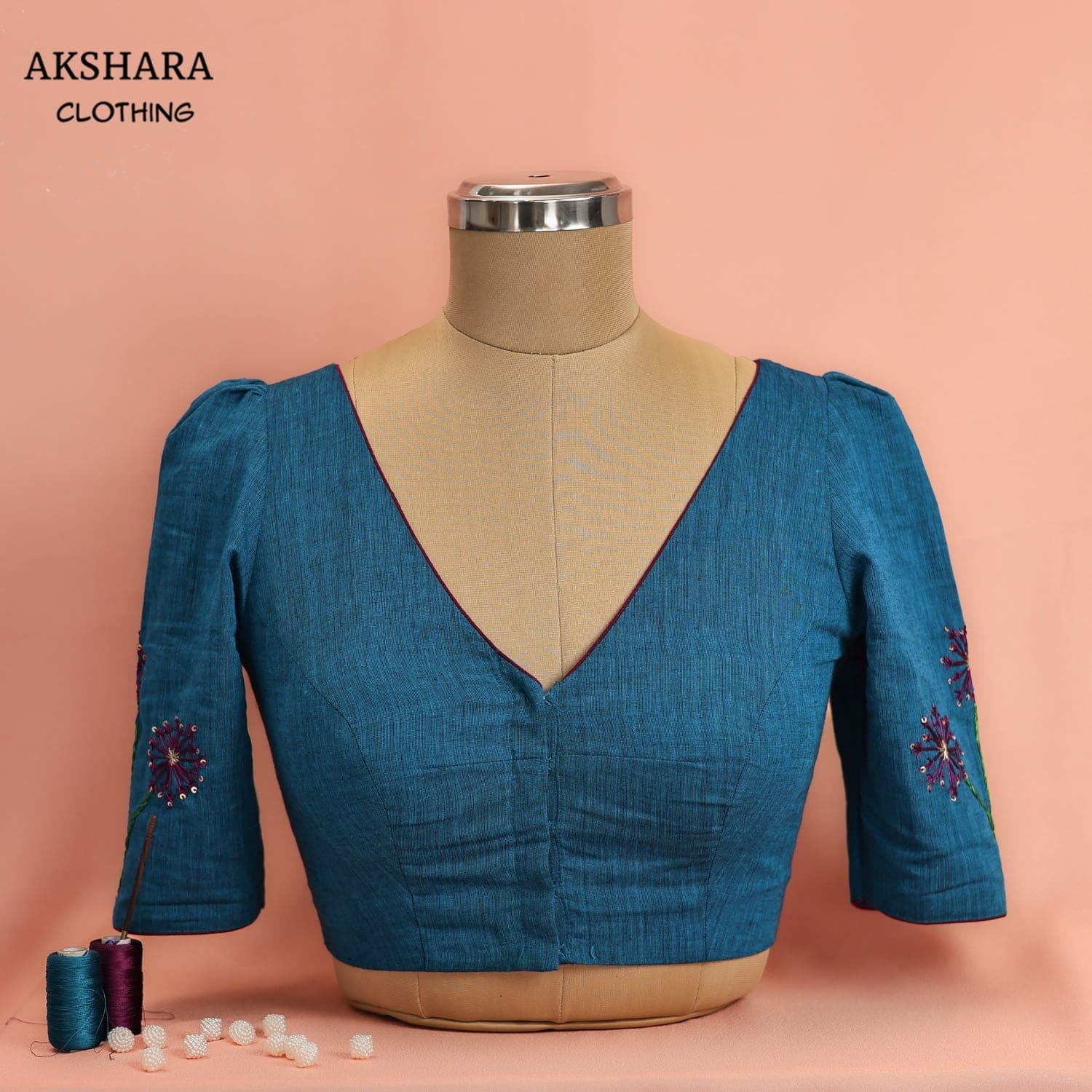 Peacock-Blue Linen Floral Blouse